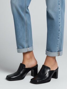 Aldo Black Leather Vintage Square-Toe Mule Heels with Block Heel 37